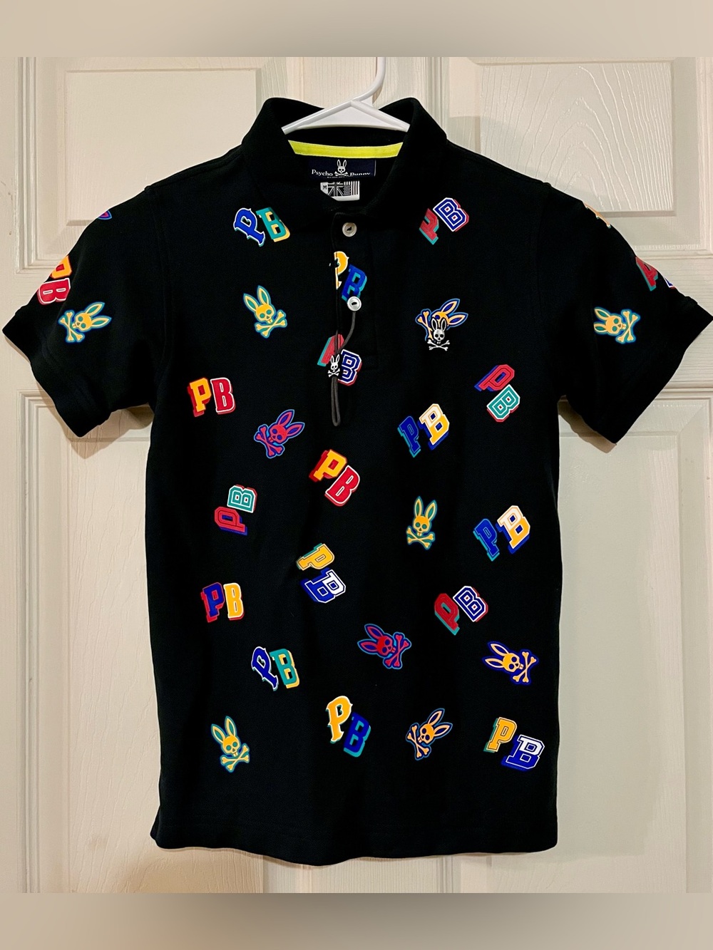Psycho Bunny Youth Black Polo with Multicolor PB & Bunny Patches